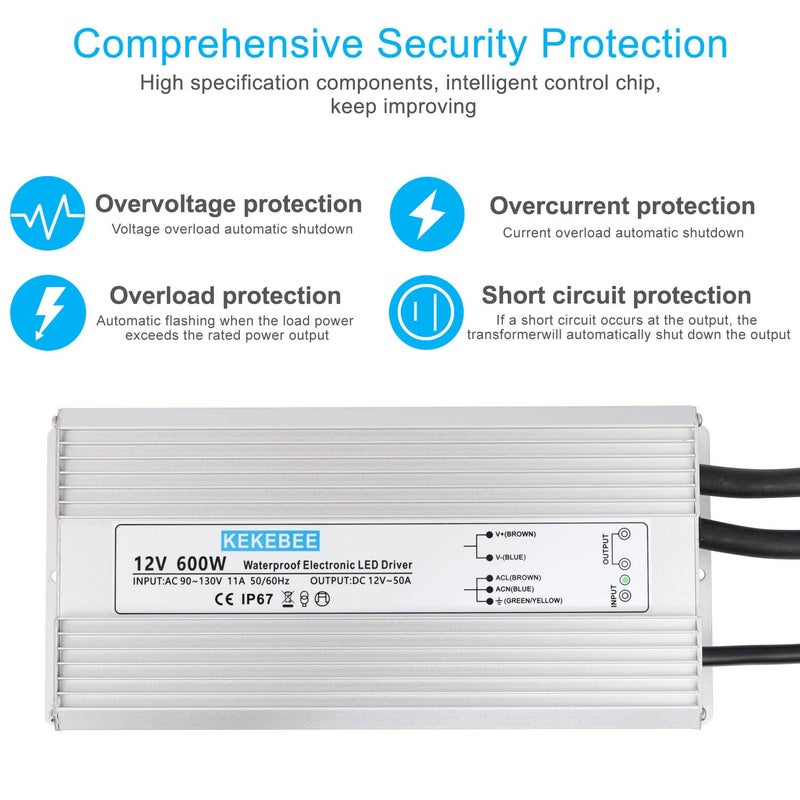 KEKEBEE LED Driver 12V600W Waterproof Power Supply 110V/130V AC to 12V DC 50A Low Voltage Transformer IP67 Hotel Exterior Wall Landscape Light LED Light with Spotlight Switch Power Supply - Image 2